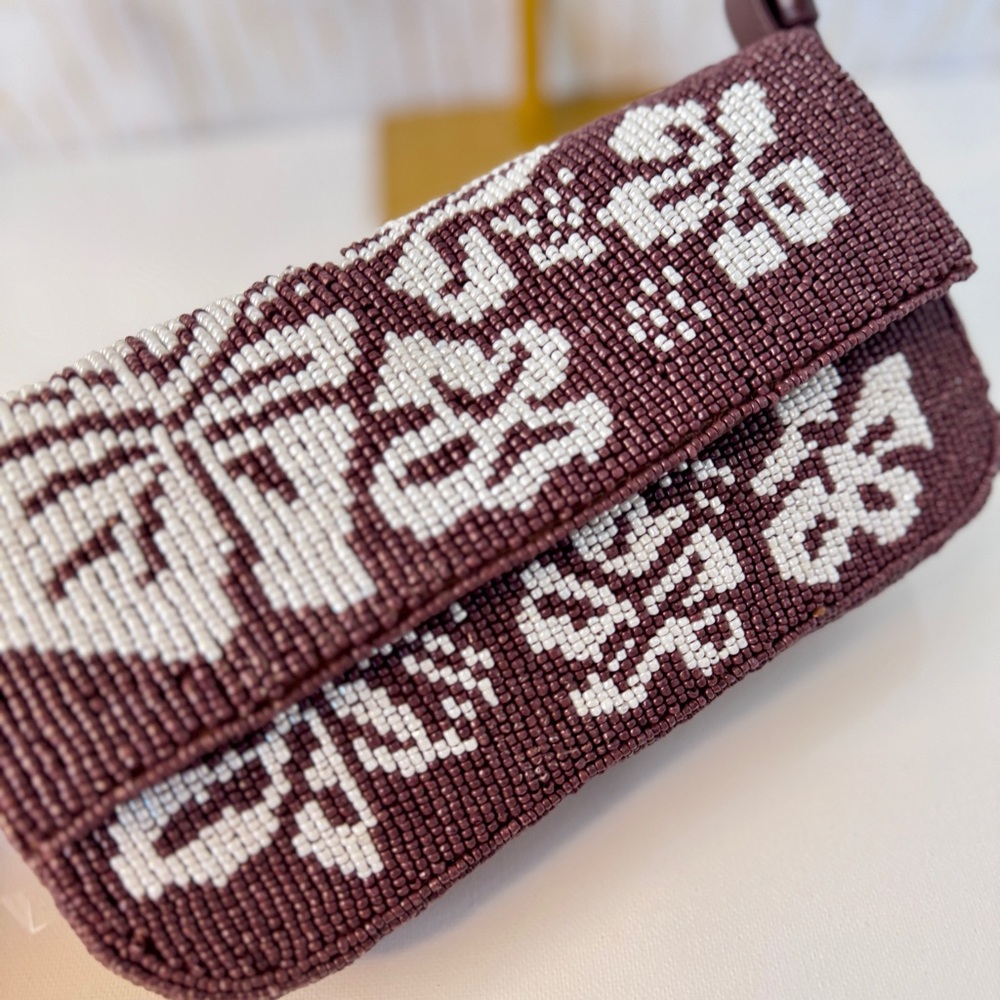 Handmade Beaded Y2K Shoulder Bag – Floral Brown & White – NWT - Picture 8 of 11